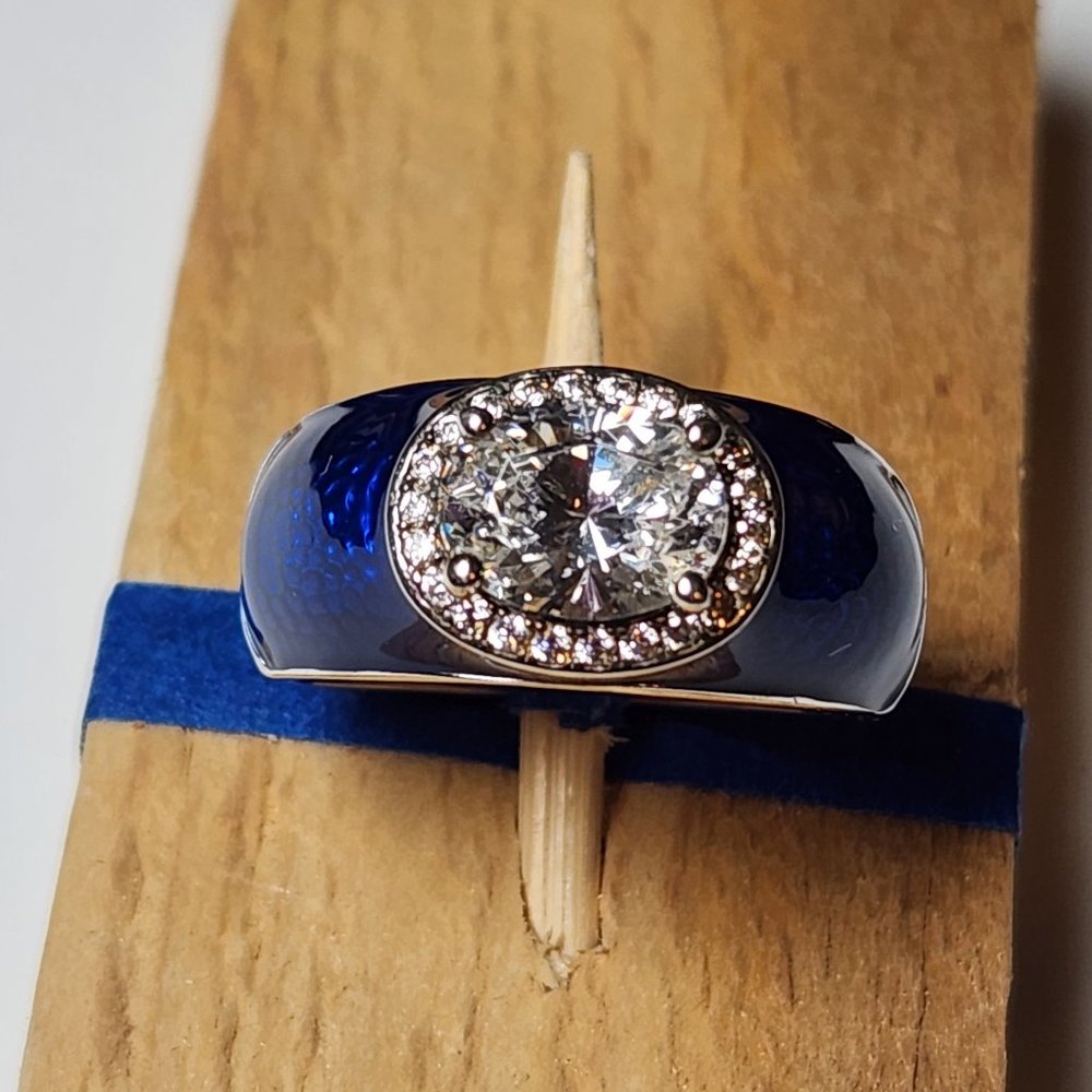 Hidalgo Diamonique Oval Cut CZ Blue Enamel Ring